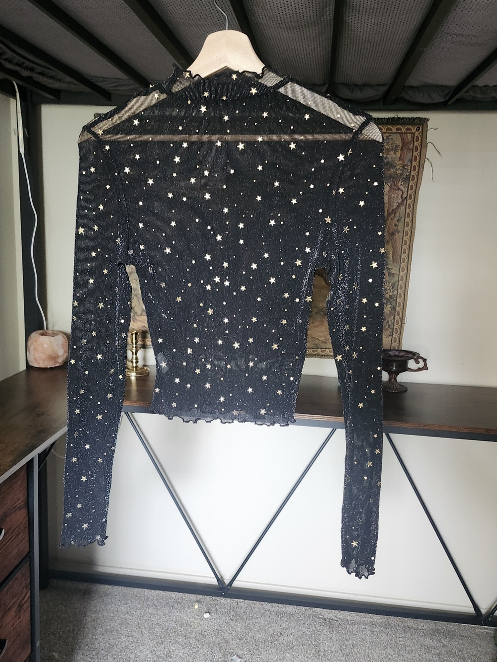 Black Star-Print Sheer Long-Sleeve Top